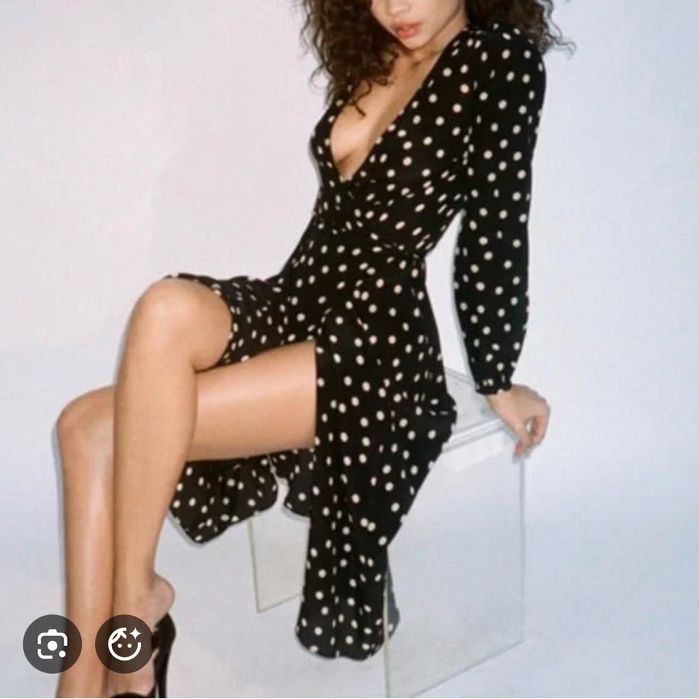 Black Polka Dot Wrap Midi Dress - by Realisation Par